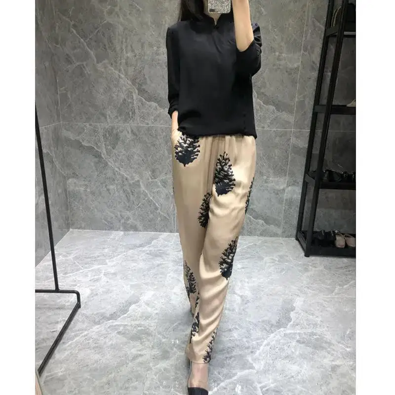 Women Spring and Autumn Korean New High Waist Casual Harlan Pants Commuter Fashion Printed Look Thinner Versatile Wide Leg Pants