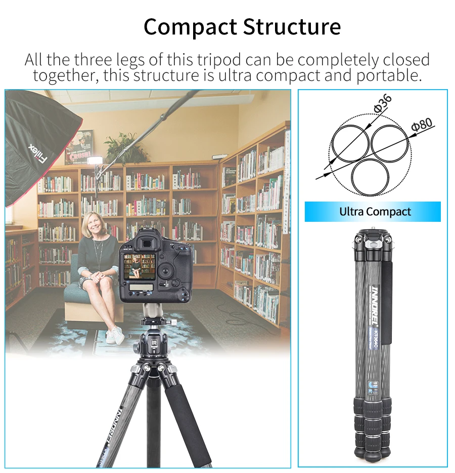 KT364C Professional Carbon Fiber Tripod for DSLR Camera Heavy Duty 36mm 10 Layer