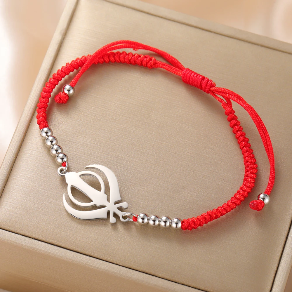 Amaxer Braccialetto Simbolo Sikh Khanda In Acciaio Inox, Ciondolo 17x26 Mm, Regolabile, Con Sacchetto In Velluto, Unisex