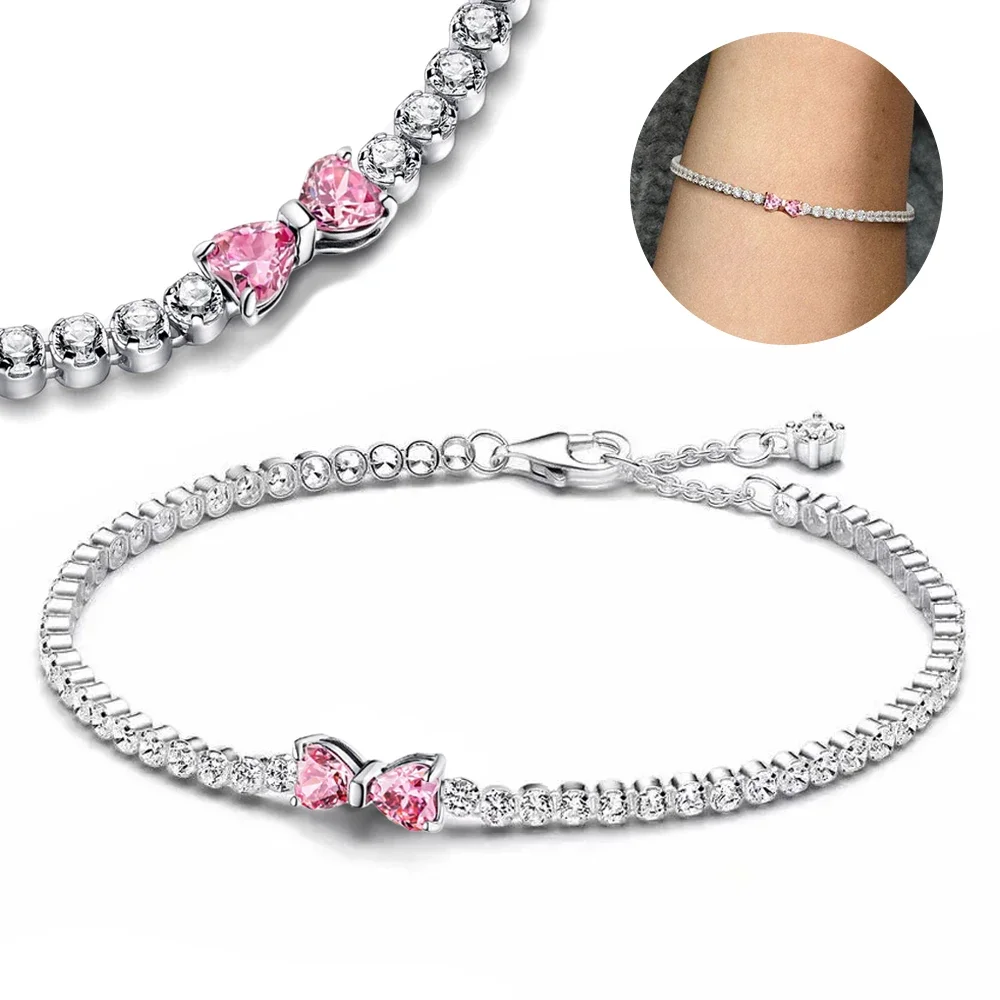 2025 Valentine New 925 Silver Pink Bow Full Diamond Bracelet Original 17-20CM Fit DIY Charm Women Birthday Jewelry Gifts 2