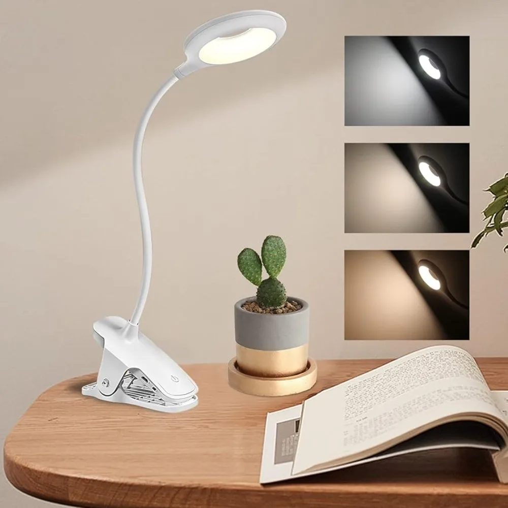 Portátil Recarregável Clip-on Desk Lamp, 3 Nível de Brilho, LED, Leitura, Luz Noturna, Regulável, Estudo, Livro