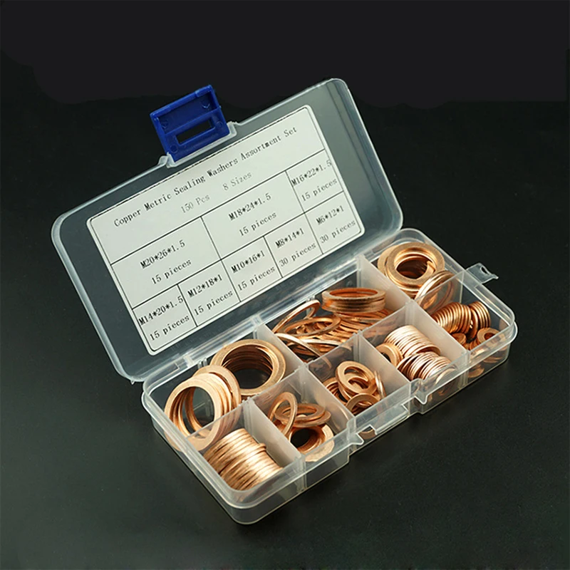 150PC 구리 와셔 오일 씰 개스킷 M20 플랫 와셔 O-링 씰 모음 키트, 섬프 플러그용 박스 M6 M8 M10 M12 M14 M16 M18