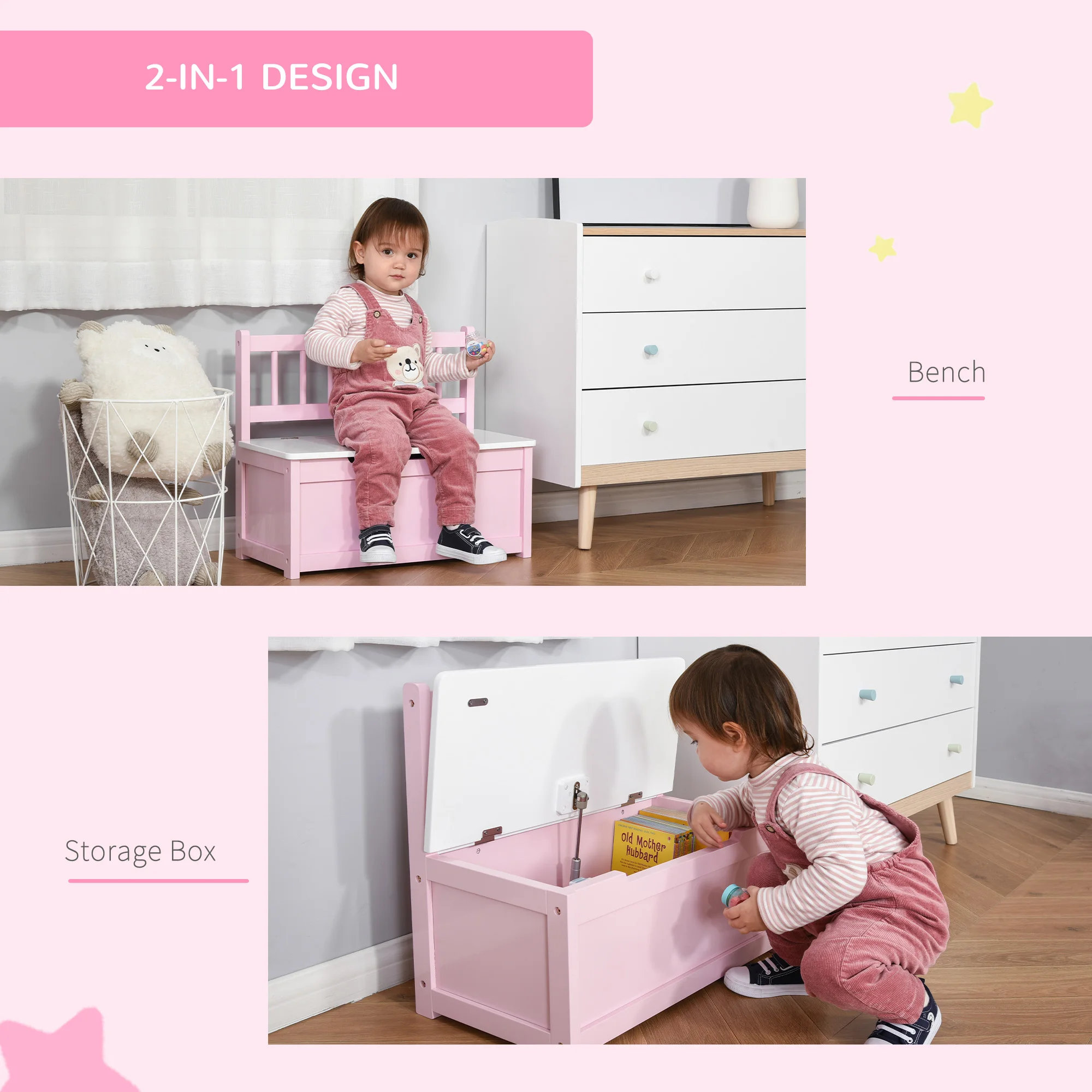 Kids 2-in-1 Wooden Toy Storage Box Seat Bench Storage Chest w/ Pneumatic Rod 5
