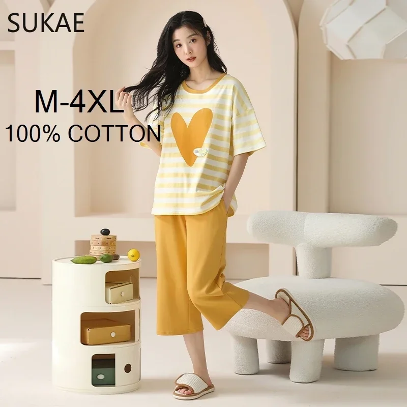 Women Pajamas Set Cotton M-4XL Summer Sleepwear Short Knee-length Pants Nightwear Capris Loungewear Cartoon Pijama women pajamas set women pajama suit cotton pajamas set