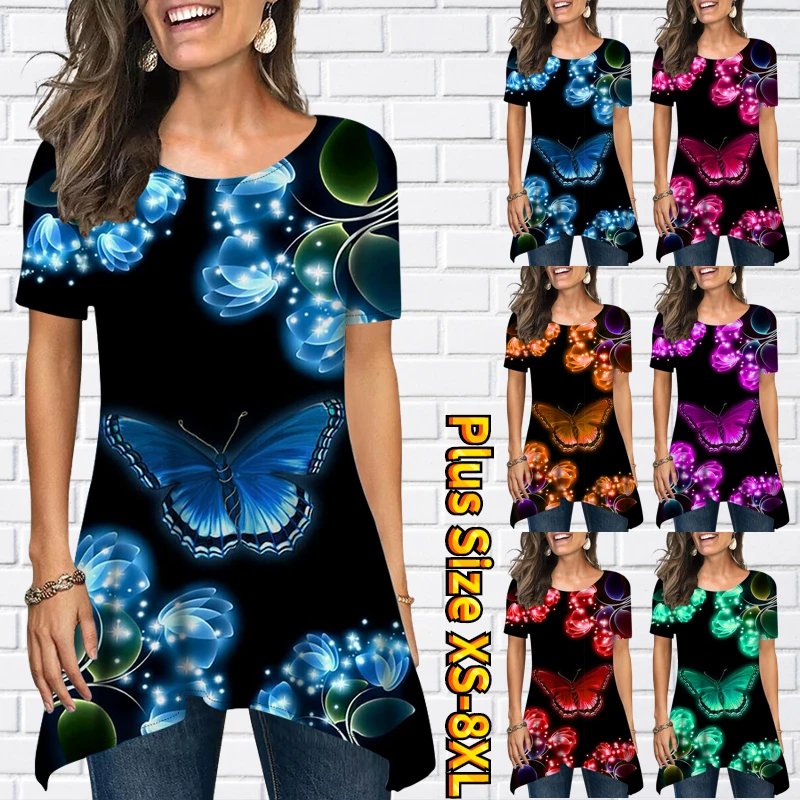 

2023 Everyday Round Neck Comfortable T-shirt Oversized Loose Tops Butterfly Printing Tee Summer Women's Fashion Short Sleeve