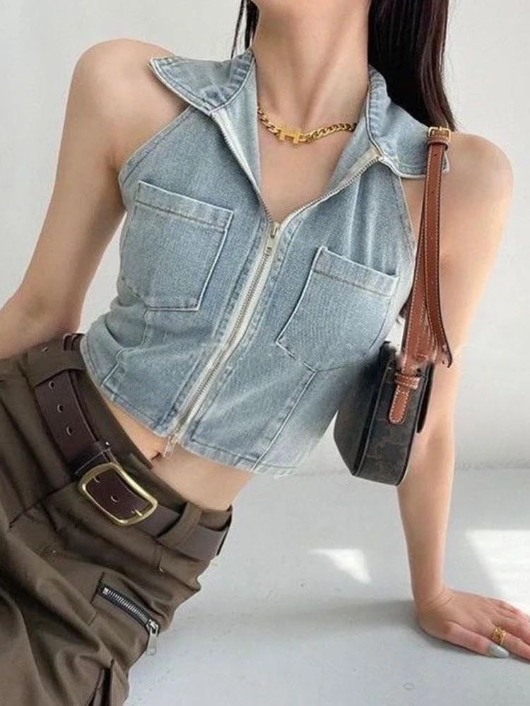 

Deeptown Vintage Denim Tank Top Women Harajuku Sexy Slim Halter Backless Vest Summer Zipper Sleeveless Y2K Crop Tops Streetwear