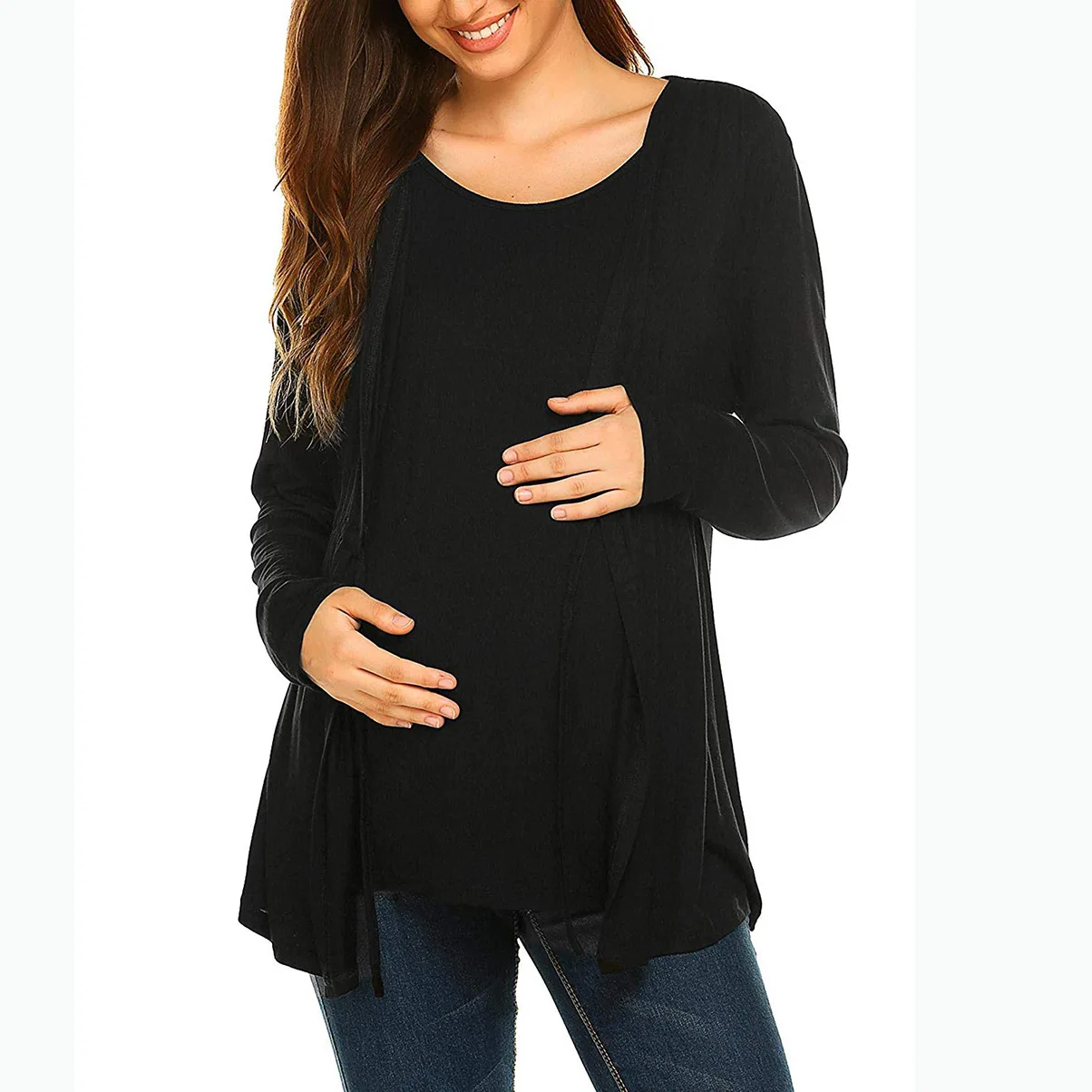 Maternity Tops Autumn and Winter Long Sleeve Round Neck Fake Two Piece Lace Up Anti Light Breastfeeding Pregnant Women's Top T-shirtＭaternity p