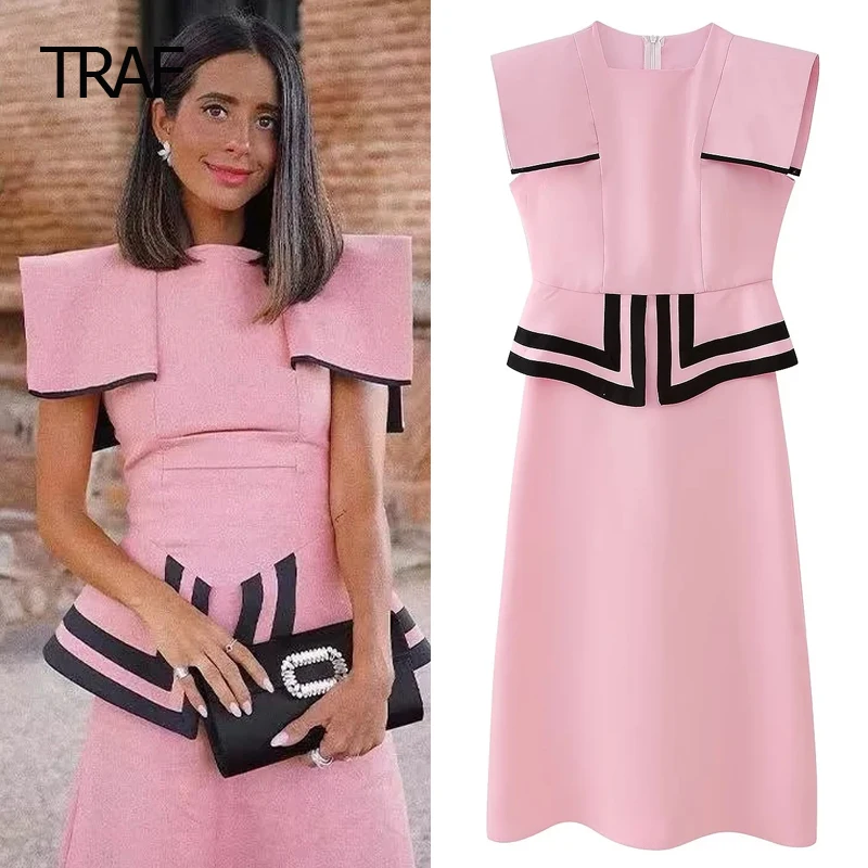 

TRAF Midi Contrast Dress Womens Dresses Spring Summer 2024 O-Neck Sleeveless Dresses With Shoulder Pads Elegant And Pretty Dress