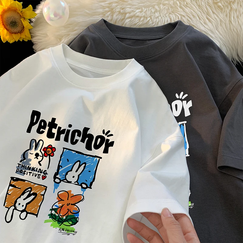 

New Cute Cartoon T-shirt Rabbit Pattern Tops Unisex Round Neck Oversized T-Shirt Y2k Summer Tees Harajuku Sort Sleeve Tshirt