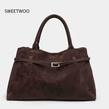 Women Retro Suede Tote Bag Large Capacity with Belt Buckle Casual Top Handle Purse for Daily Work Travel