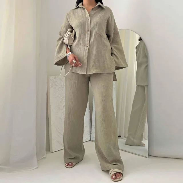 Eid Muslim Women Two Piece Set Splice Pocket Shirt Wide Leg Pants Ensemble Dubai Arab Islamic Ramadan Outfit Casual Suits - Image 2