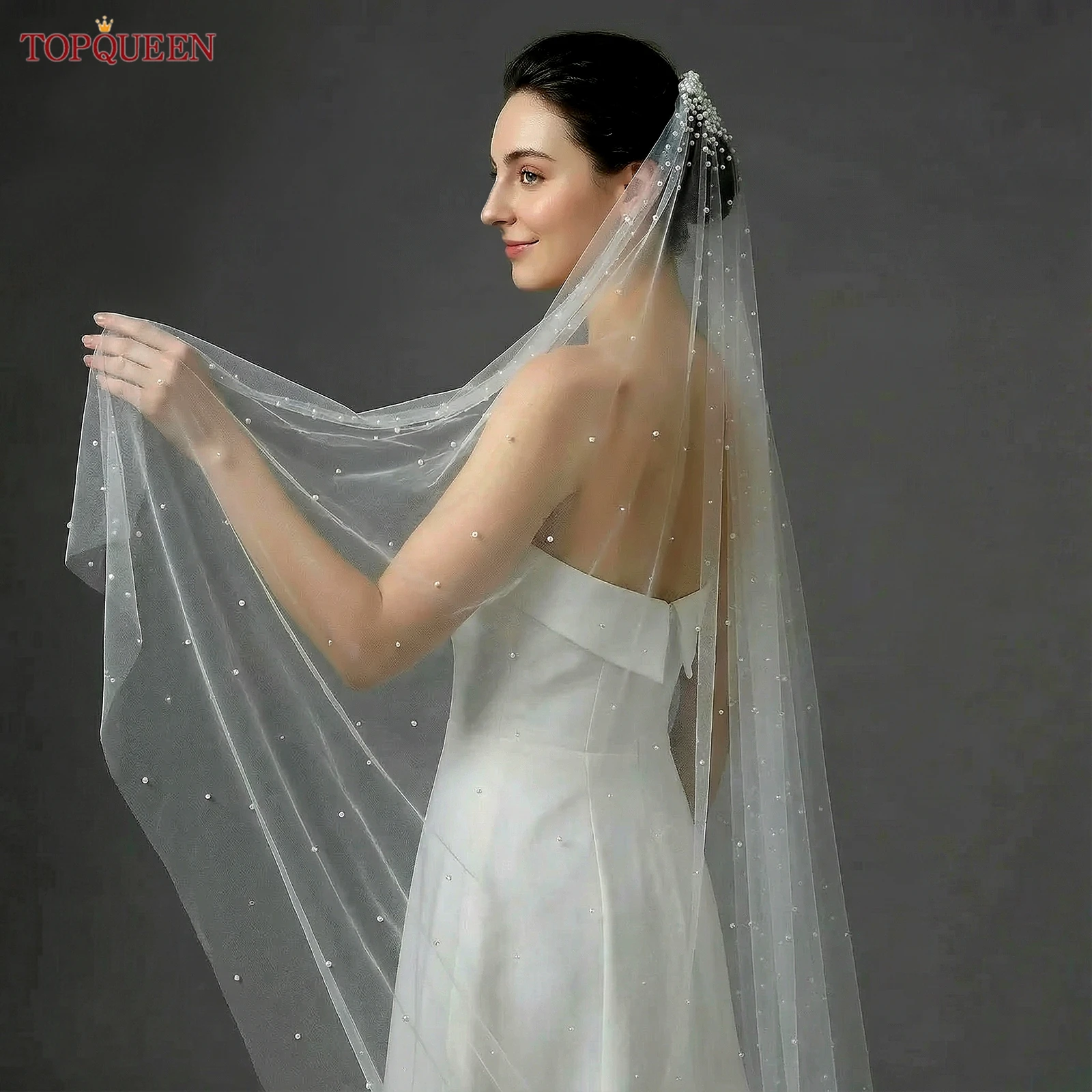 TOPQUEEN Perlen Braut Schleier mit Kamm Hochzeit Schleier 1 Tier 3 Meter Luxus Lange Hochzeit Schleier Braut Haar Zubehör Hochzeit v180 – Detail 7