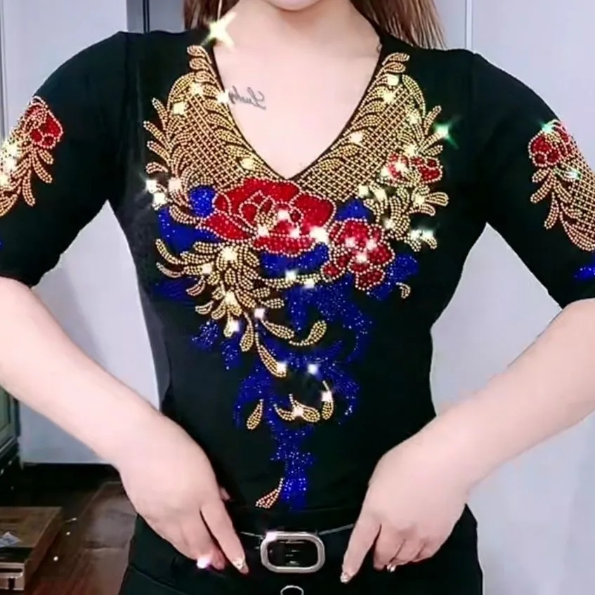 Floral Beading T Shirt Women Pullovers 2025 Summer Clothes For