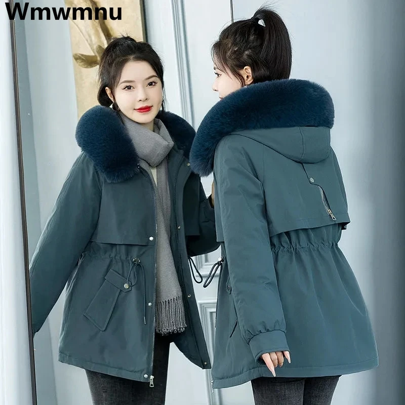 여성용 모피 칼라 후드 벨벳 안감 파카, 두꺼운 겨울 면 패딩 재킷, 따뜻한 다운 코트, 한국 방풍 아우터