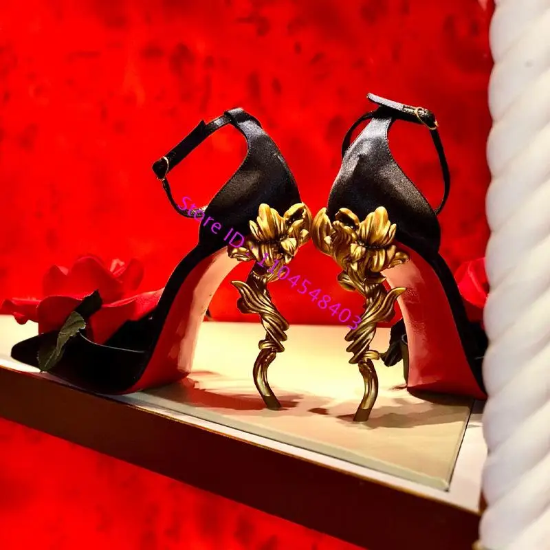 new arrive black red big flower high heel pointed dress shoes 1