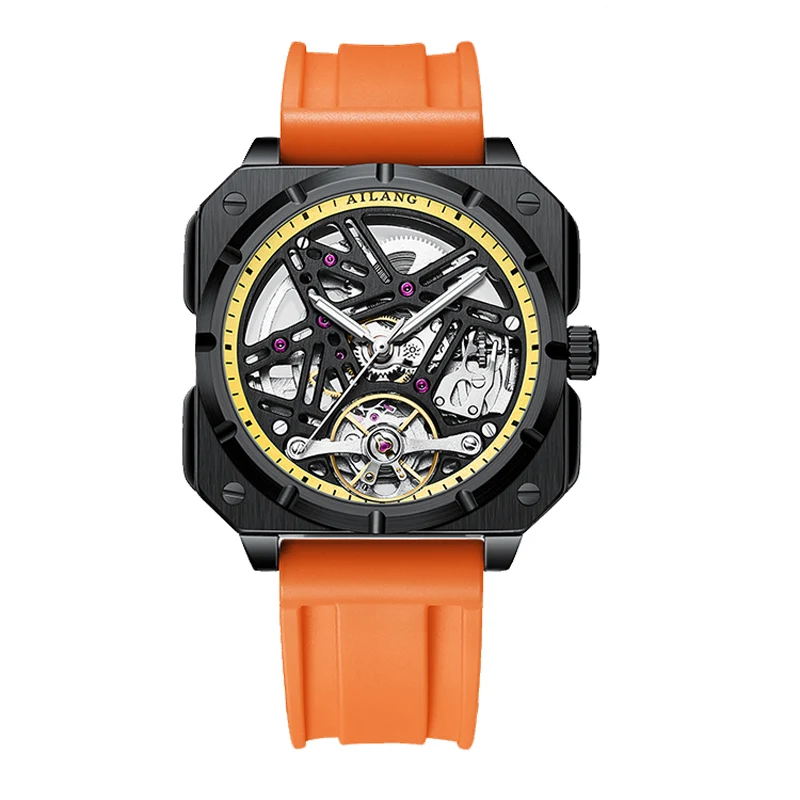 Tourbillon automatico con quadrante quadrato da uomo Tourbillon scheletrato meccanico da uomo con cinturino in caucciù di lusso_voghion.com