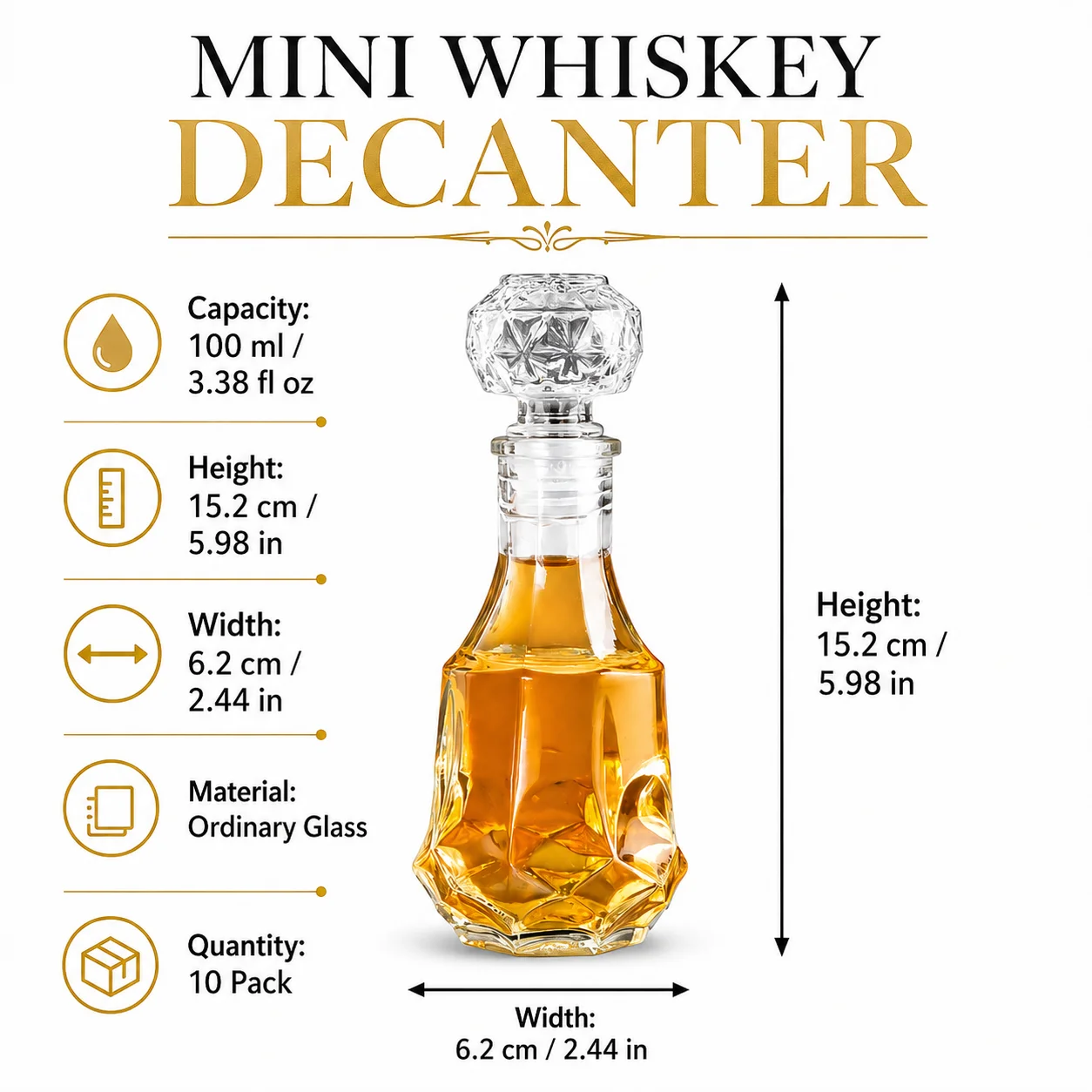 10팩 미니 위스키 디캔터 병, 100ml 작은 유리 주류 병(마개 포함), 위스키, 버번용 미니 디캔터