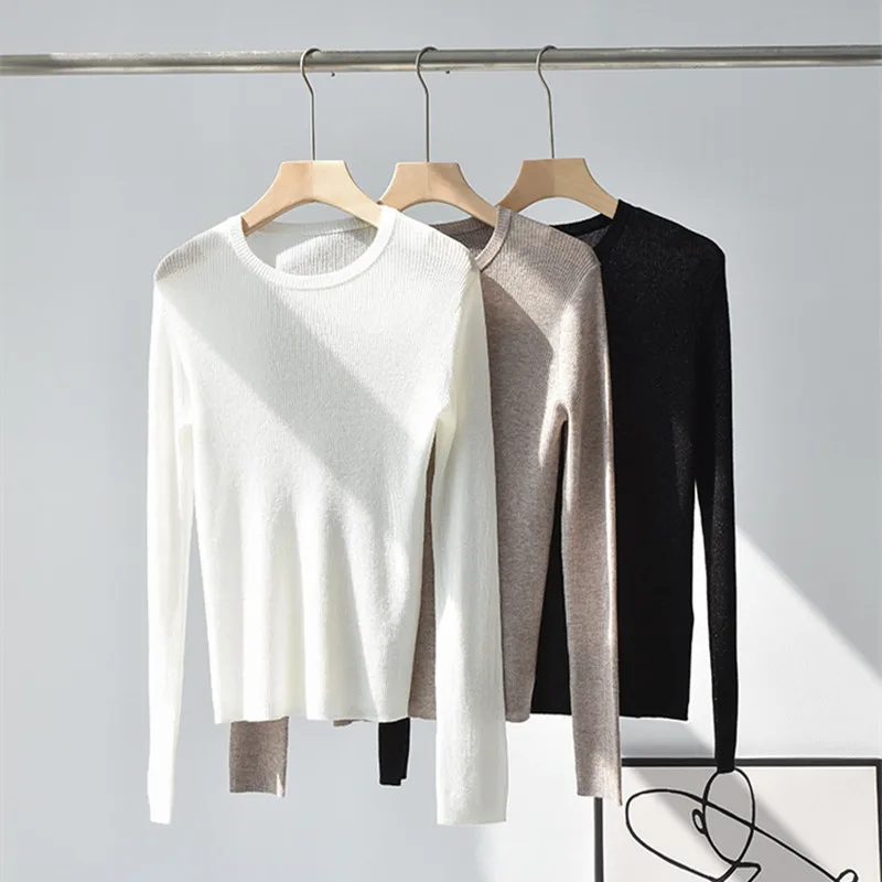 

Women Stretch Sweater Early Autumn 2023 New Slim Fit Solid Color Long Sleeve Casual Female O-Neck Thin Jumper