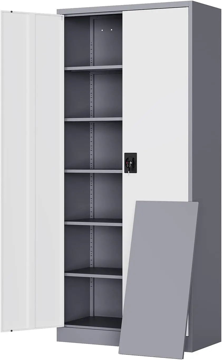 Yizosh Metal Garage Storage Tool Cabinet with Lock 71" Locking 2 Doors 5 Shelves Tall Steel Heavy Duty File Gray White 2