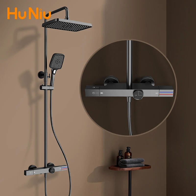 Huniu ระบบฝักบัวอาบน้ําอุณหภูมิชุดทองชุดฝักบัวห้องน้ําหรูหราก๊อกน้ําชุดทองเหลืองสายฝนห้องน้ําชุดฝักบัวสีเทา 1