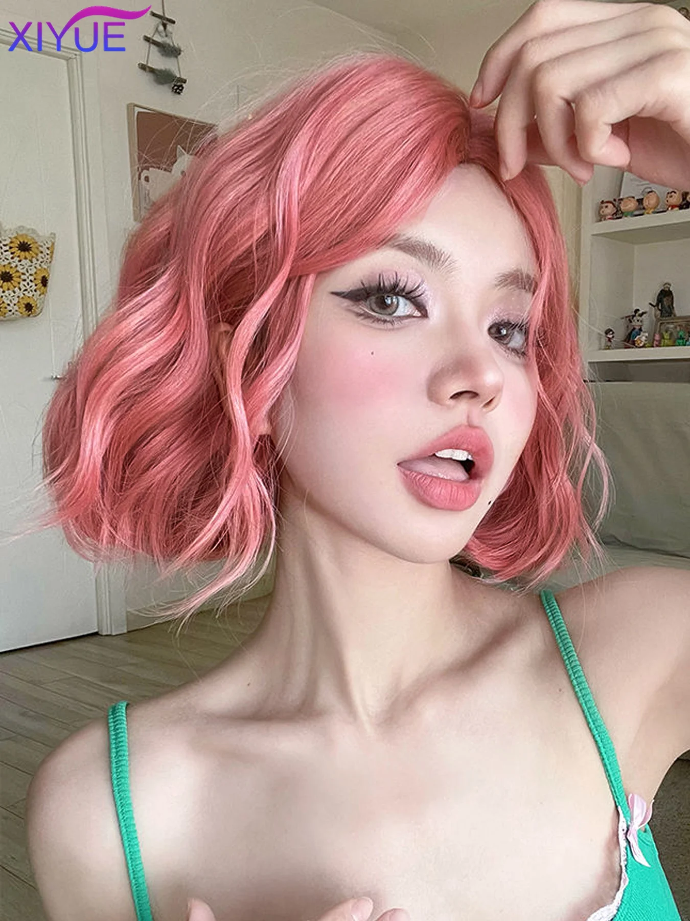XIYUE Synthetic Pink BOBO Synthetic Wigs Short Natural Wave Hair Wig For Women Party Daily High Density Heat Resistant