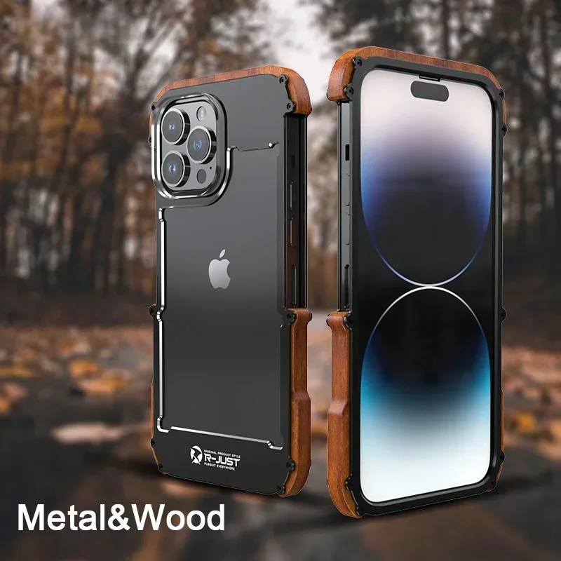 

Wooden Aluminum Metal Phone Case For iPhone 15 14 13 12 11 Pro MAX Metal Wood Bumper Shockproof Rugged Armor Frame Case Cover