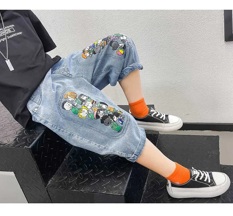 Shorts de jean solto para meninos do miúdo verão casual dos desenhos  animados impresso denim curto crianças algodão calças curtas para o menino  adolescente - AliExpress