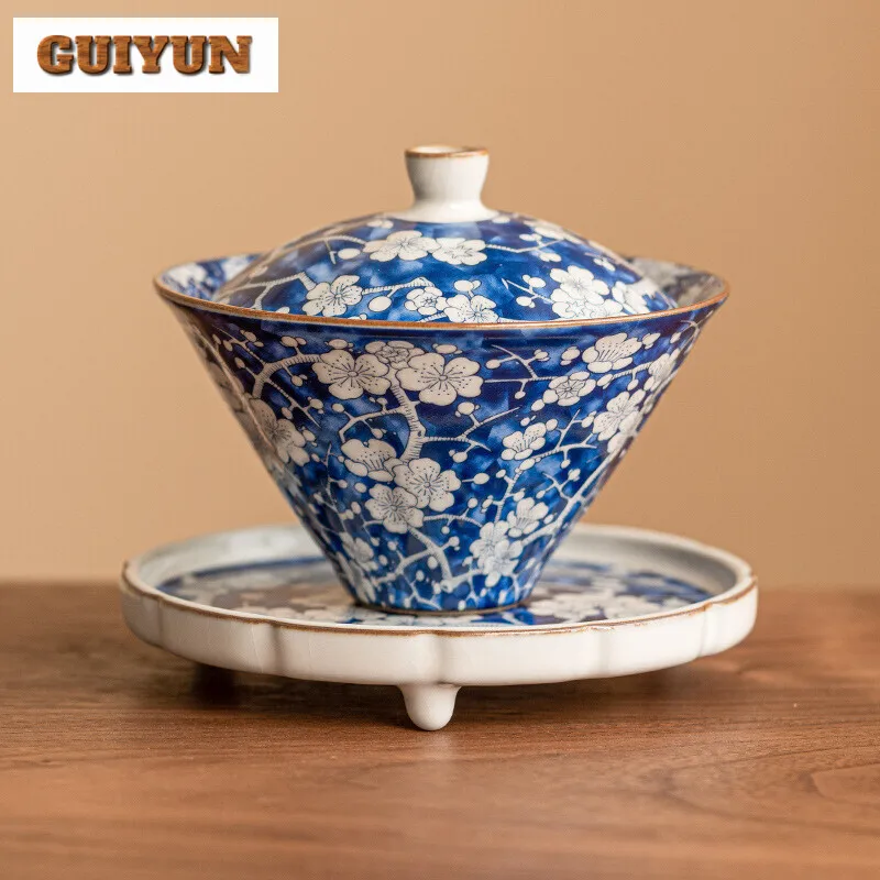 150ml Blue Ice Plum Blossom Gaiwan Retro Ru Kiln Bamboo Hat Sancai Tea Tureen Tea Making Cover Bowl Drinkware Supplies Craft