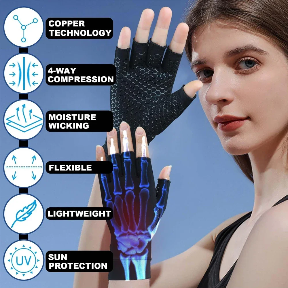 Compression Gloves Fingerless Copper Ion Fiber Arthritis Relief Press Protective Joint Rehabilitation Care Training