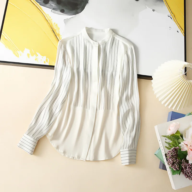 

Birdsky, 1 шт. женская рубашка с длинным рукавом, блузка, офисные женские рубашки, топ на пуговицах, 100% натуральный шелк тутового шелкопряда в полоску, Женская