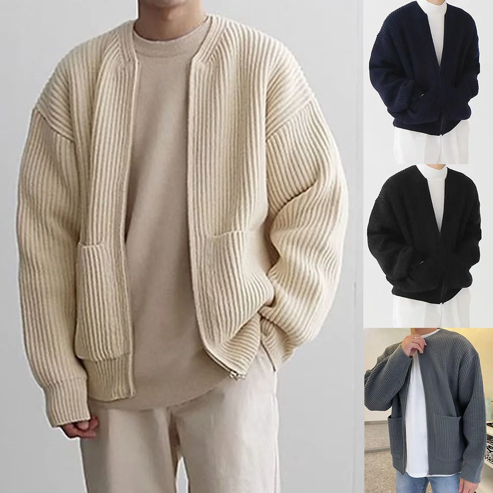 

Men's Fashion Sweater Coat Fall Knit Cardigan Tops Jacket Solid Color Have Pockets Round Neck Zipper Cardigan Sweater