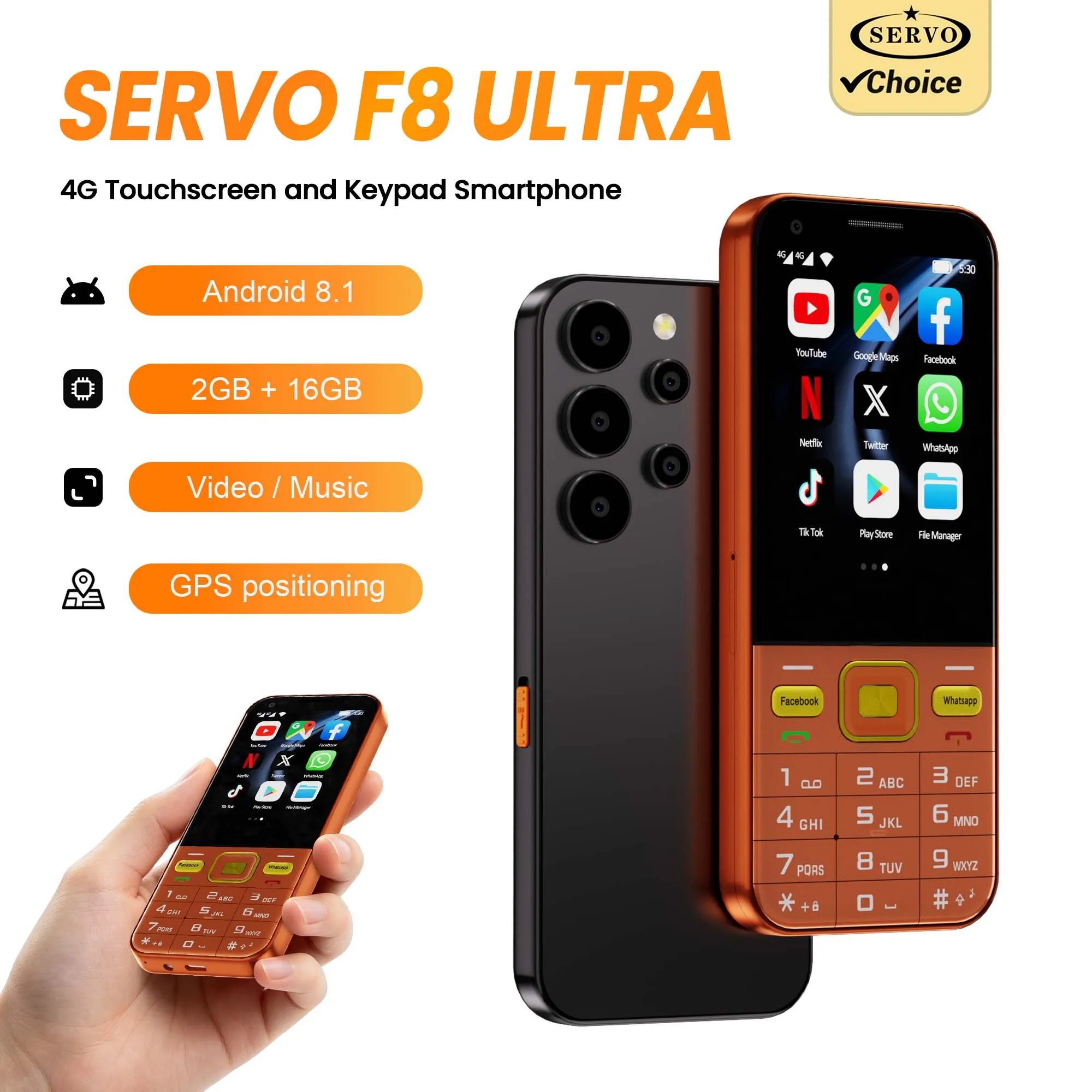 SERVO F8 Ultra 4G Keypad Smartphone Android 8.1 Dual SIM WiFi Hotspot Bluetooth GPS Play Store Torch 2.8" Feature Mobile Phone