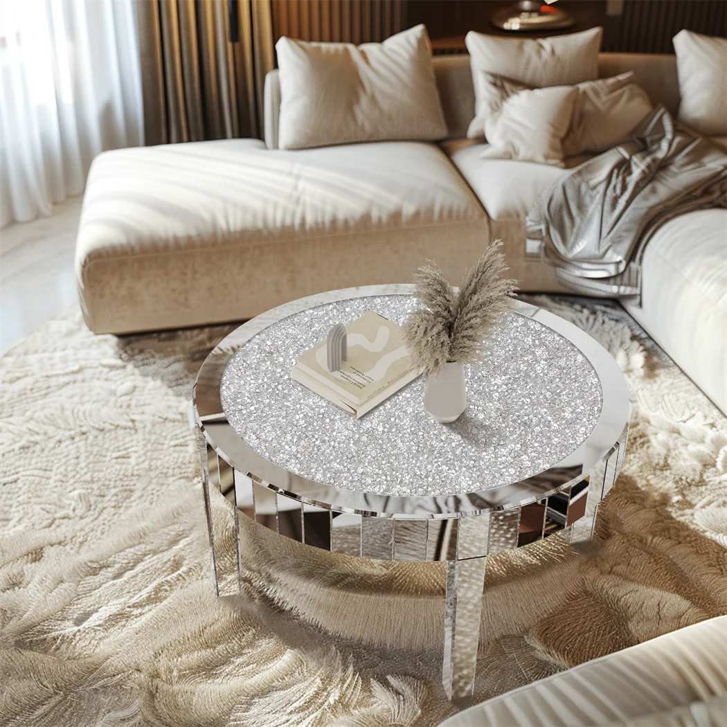 Luxury Silver Mirror Coffee Table with Crystal Diamonds Inlay Round Accent Side Table for Living Room Bedroom