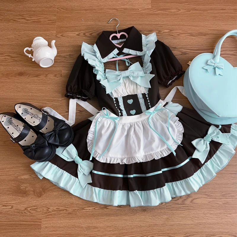 Anime Japanese Gothic Lolita Sweet Apron Bow Maid Dress Set Women Girls Puff Sleeve Cute Dress Halloween Party Cosplay Costumes