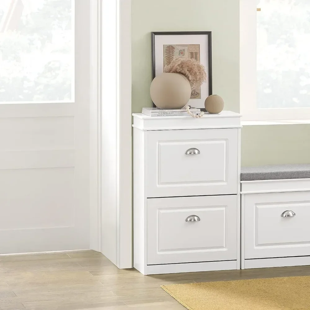 

White 2 Flap Drawer Shoe Cabinet, Slim Shoe Rack, Shoe Locker Storage Unit Shelf