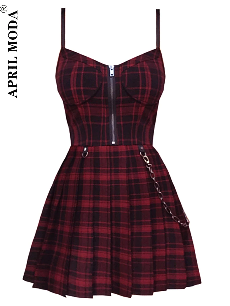 

Gothic Girls Red Plaid Pleated Emo Alt Dress Y2K Zip Up Robe Femme Punk Black Spaghetti Strap Mini Short Jurken Goth Streetwear