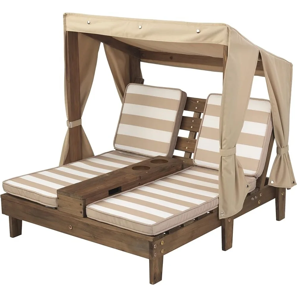 

Outdoor chair with cup holder, children's or pet terrace furniture, oatmeal and white striped fabric, outdoor double chair