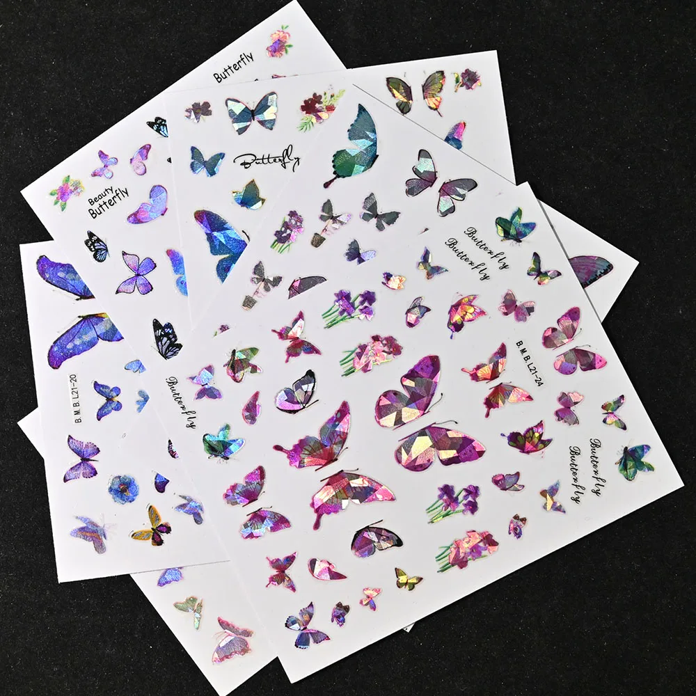 12pcs 3D 네일 스티커 데 칼 패턴 다채로운 레이저 나비 꽃 스티커 셀프 접착 디자인 네일 아트 장식 MA31