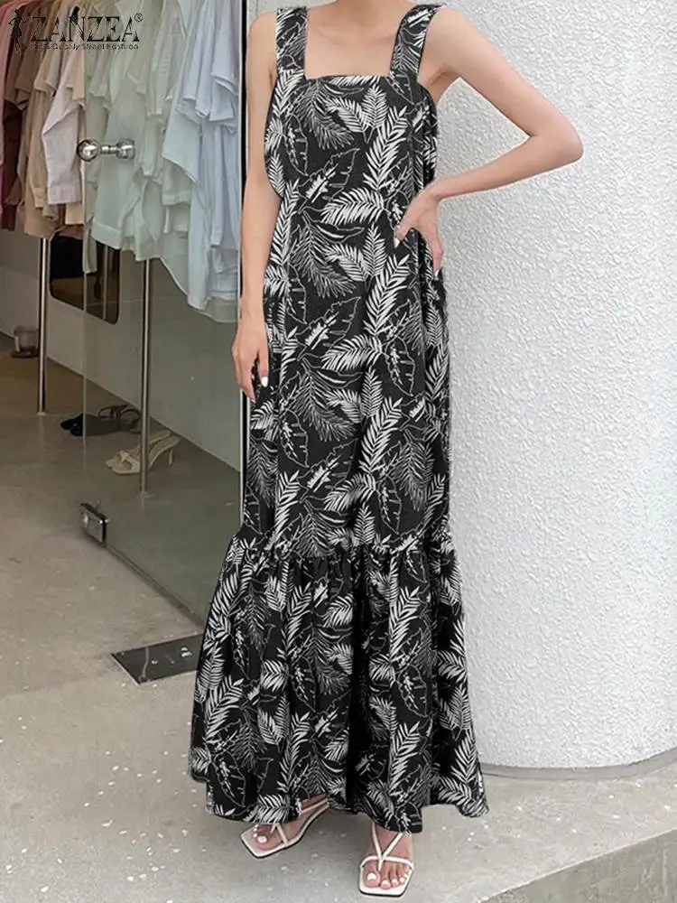 

Women Sleeveles Beach Dress Summer ZANZEA Wide Straps Leaves Printing Holiday Maxi Dress Streetwear Pockets Ruffled Hem Sundress