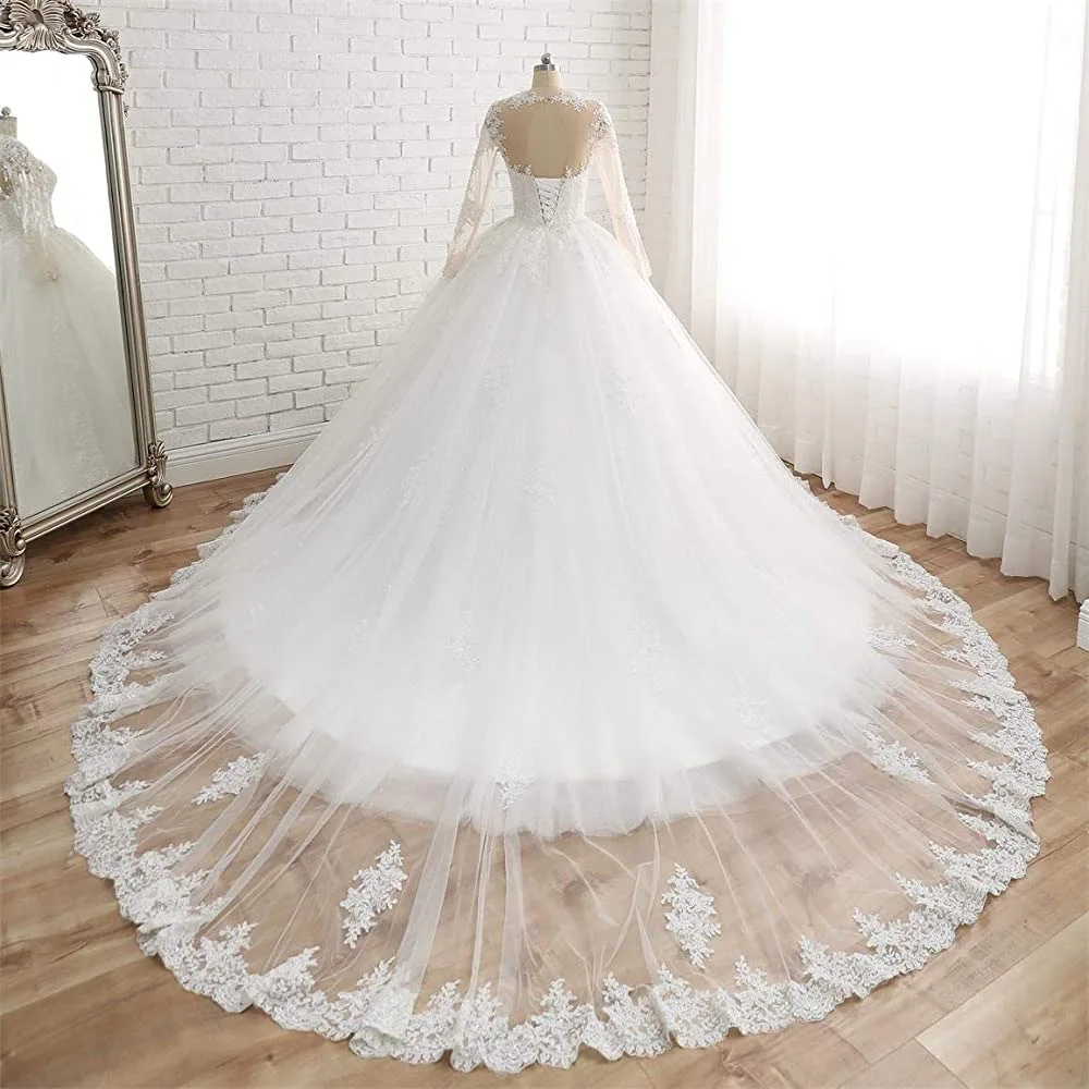 Customized White Ball Gown Wedding Dresses Long Sleeves Appliques Court Train Bridal Gowns Formal robe de mariée 3