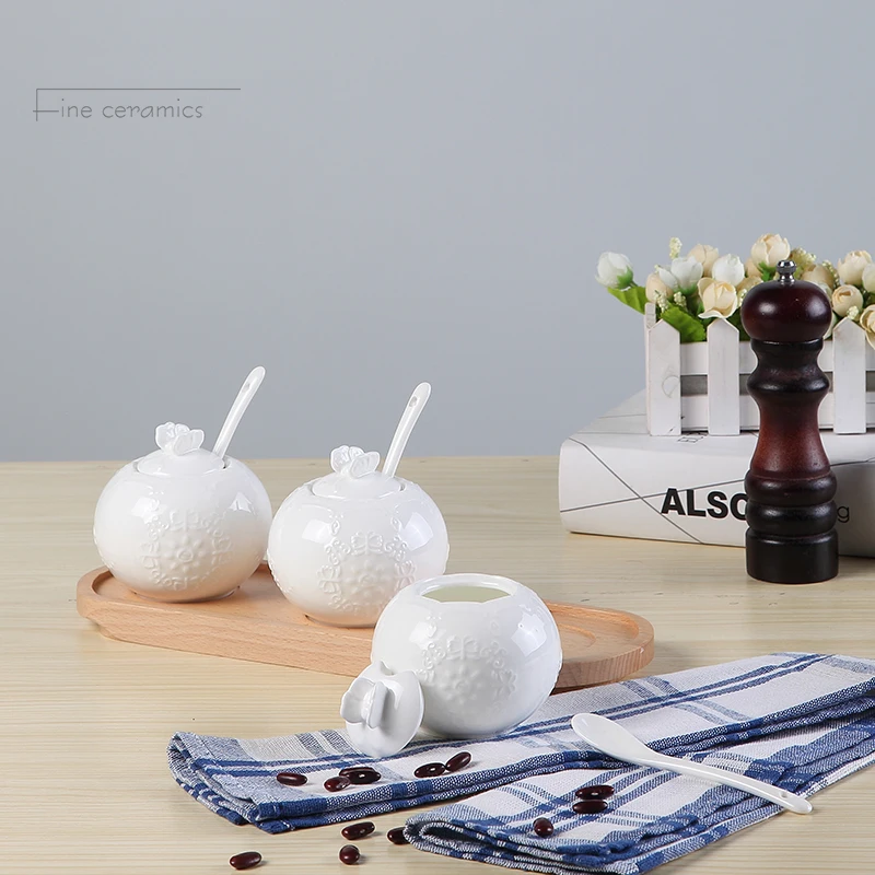 Plain white embossed porcelain sugar bowl with spoon, sugar container jar, ceramic dispenser, sucrier jar with spoon