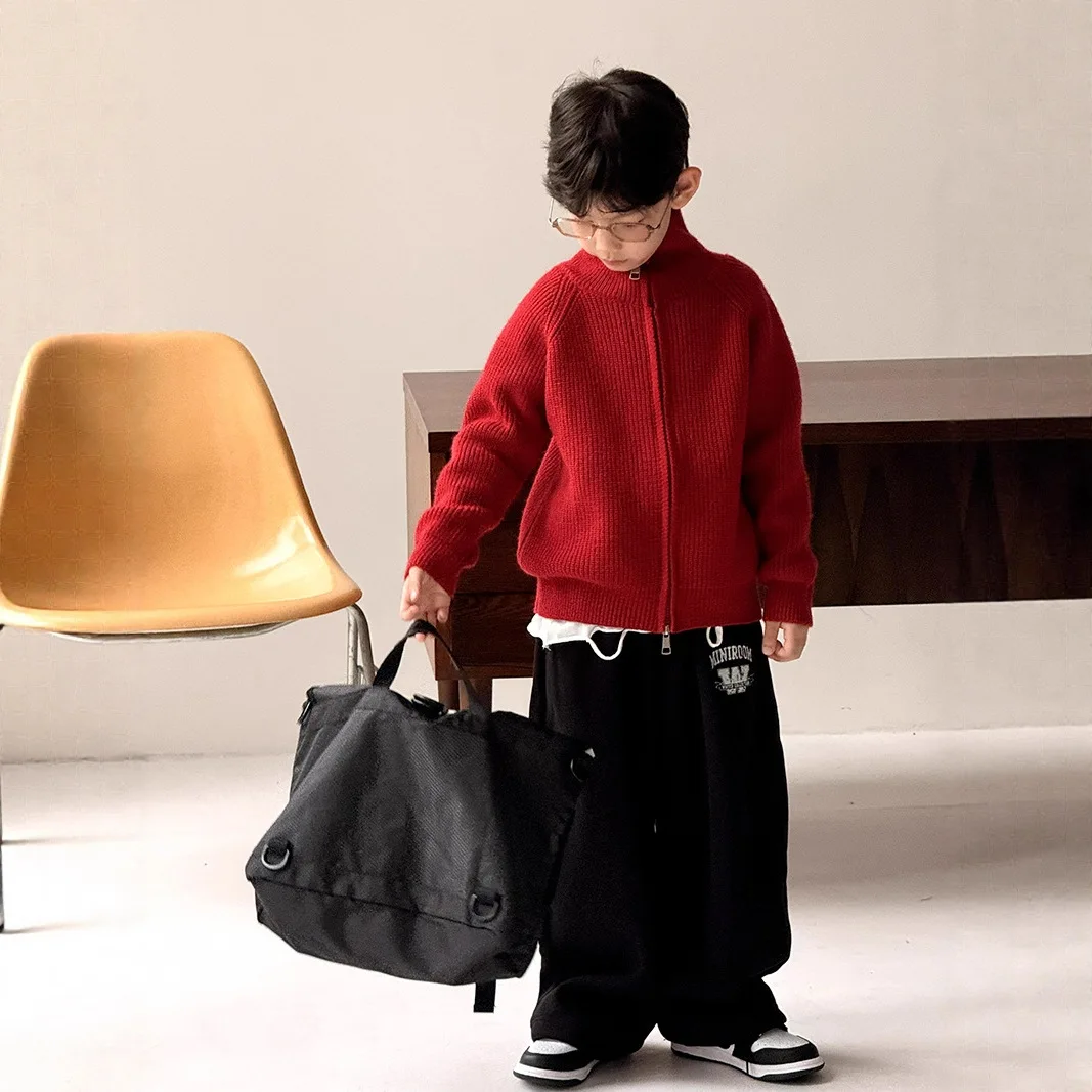 어린이 의류 남아 스웨터 코트 2025 가을 겨울 신상 한국 스타일 레드 스타일리시 니트 가디건 여아 스웨터