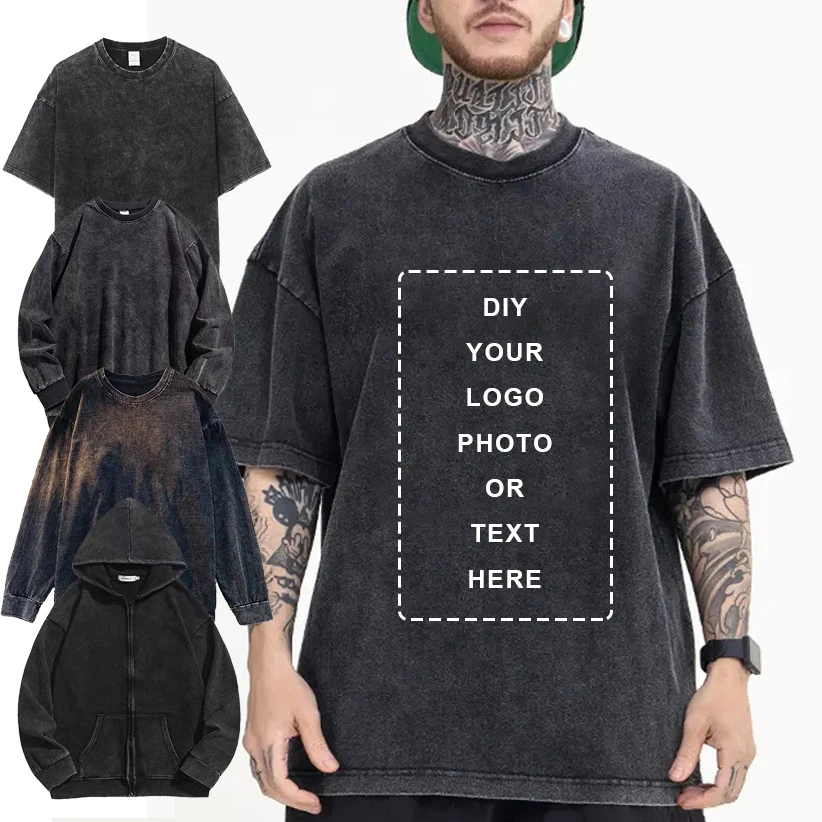 Customized LOGO Heavyweight Washed Distressed T-shirts Unisex Vintage Cotton Batik Men T-shirts Streetwear Min Order Quantity 1