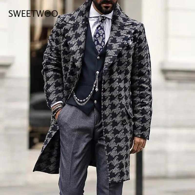 

Fashion Wool Jacket men Mid-long Business printing Wool coat men long Winter Windproof High street Cool England Style Outwears