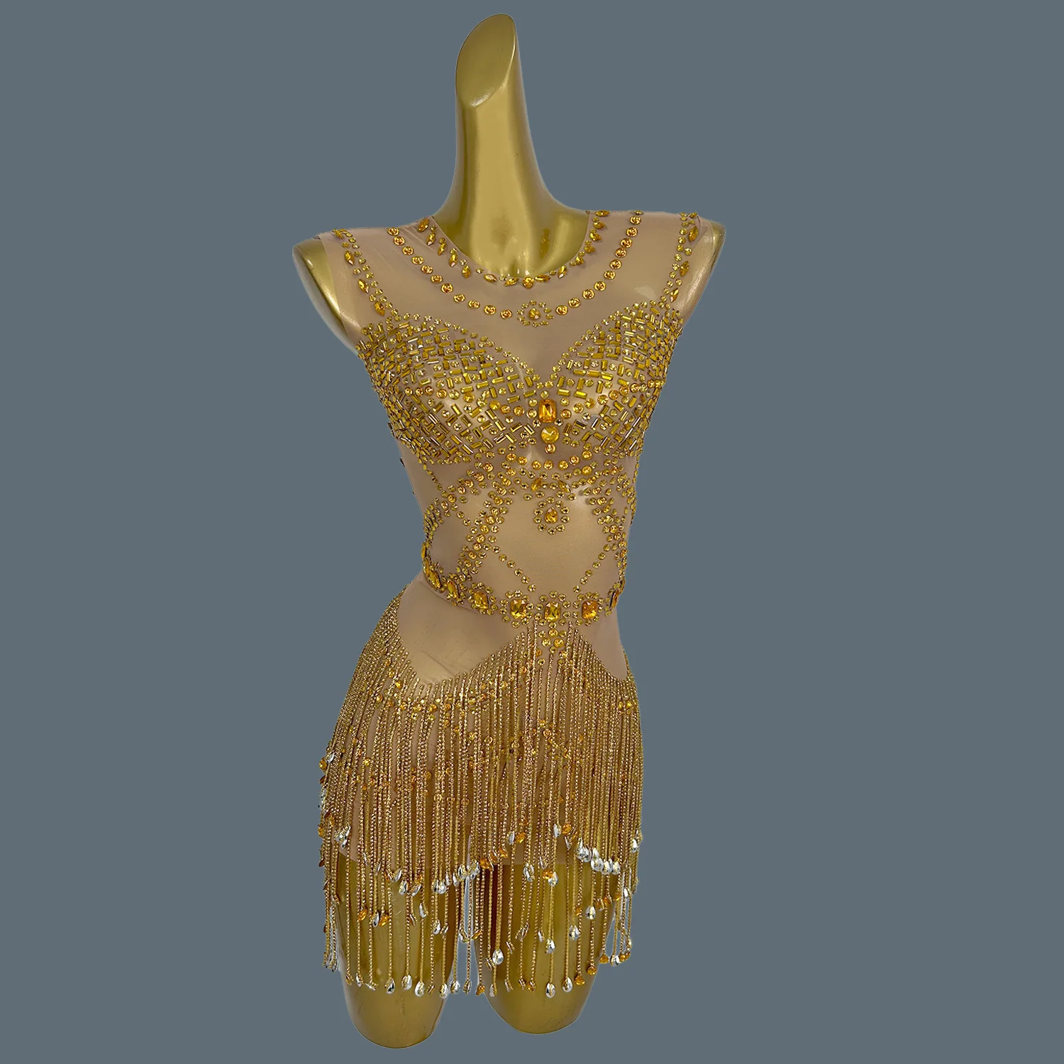 Summer Sparkly Golden Rhinestone Tassel Ultra Short Dress Women Sexy See  Through Mesh Evening Dress Dance Wear Party Outfit Suya - AliExpress  200000345