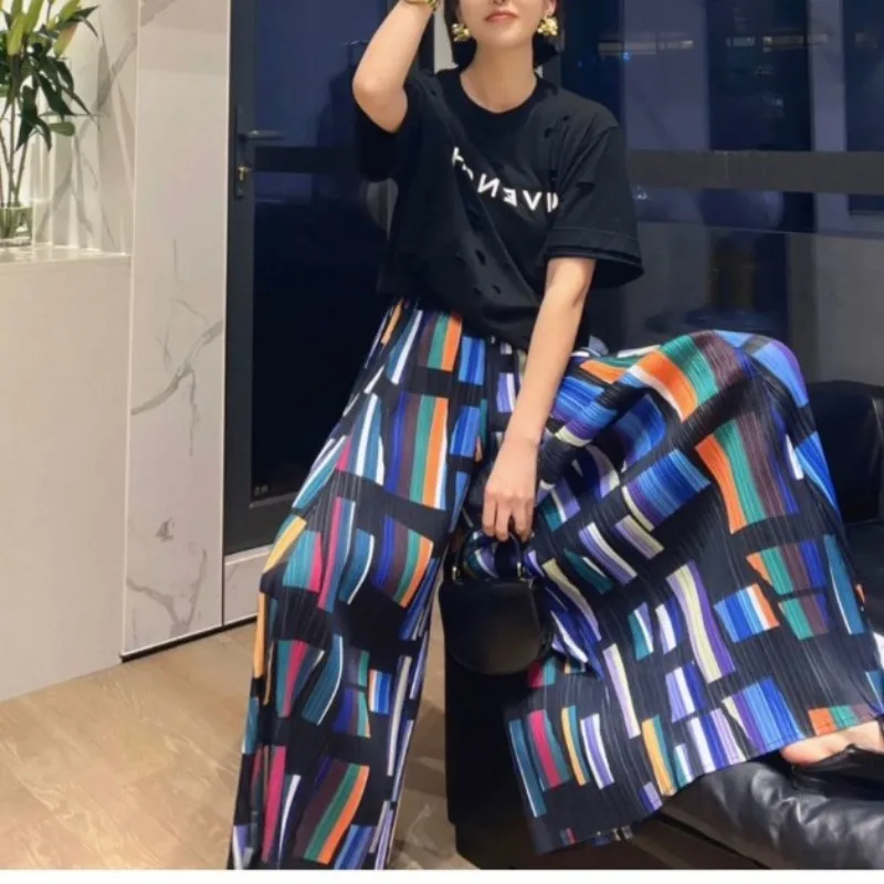 2024 Spring New Minimalist Commuter Women's Elastic High Waist Tie Dye Printed Hand Painted Loose Straight Casual Wide Leg Pants