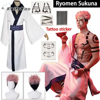 스쿠나 코스프레 애니메이션 JJK Ryomen 스쿠나 코스프레 코스튬 유니폼, 가발 문신 스티커, 성인 남성용 할로윈 코스튬