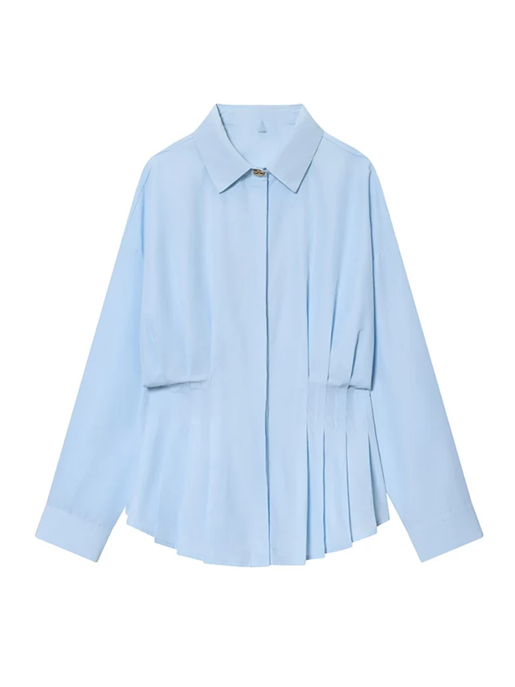 New Women Solid Pleated Blouses Spring Autumn Turn Down Collar Long Sleeve Fashion Causal Shirts Slim Fit Single Breasted Tops