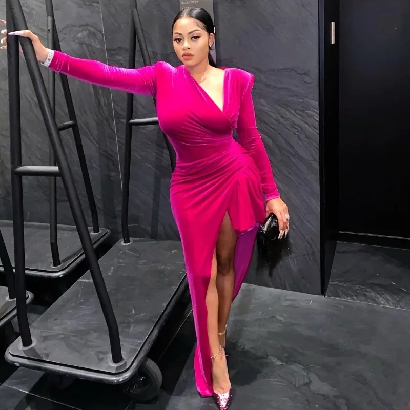 

Women Fashion Sexy Asymmetrical Velvet Dress Christmas V Neck Long Sleeve Ruched Split Bodycon Maxi Evening Party Dresses