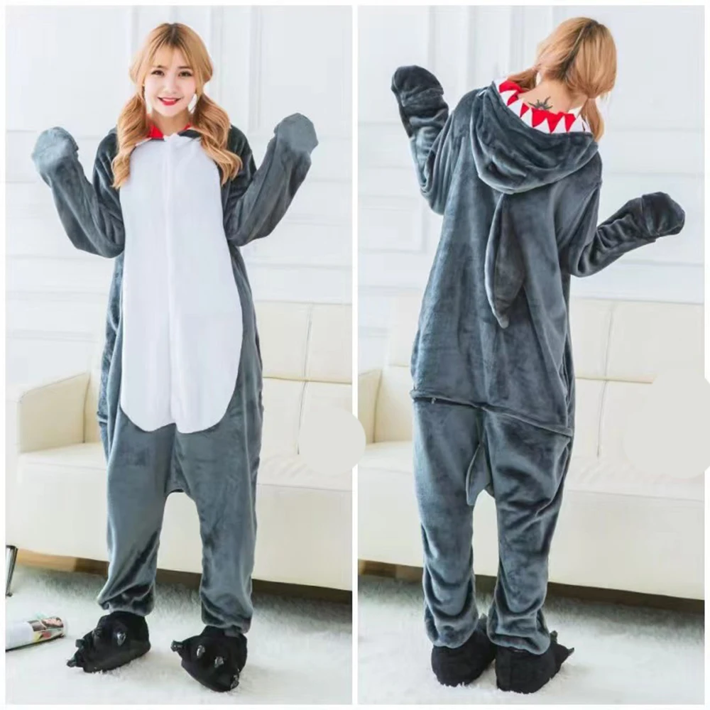 Animal Unisex Adult Women Grey Shark Kigurumi Onesie Pajamas Men Cartoon Soft Flannel Halloween Family Party Costumes Jumpsuits kigurumi pajamas onesies cosplay pajamas onesies flannel pajamas onesies